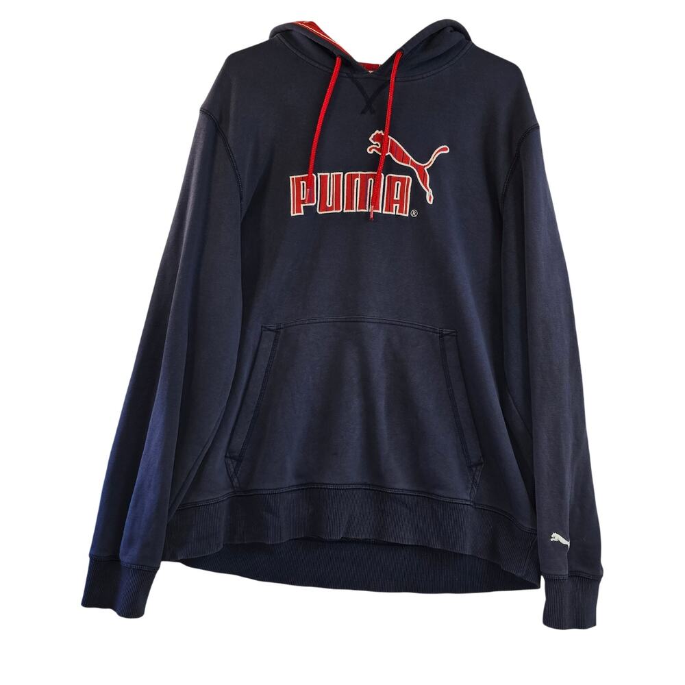 Puma Navy Hoodie with Red Logo and Drawstrings